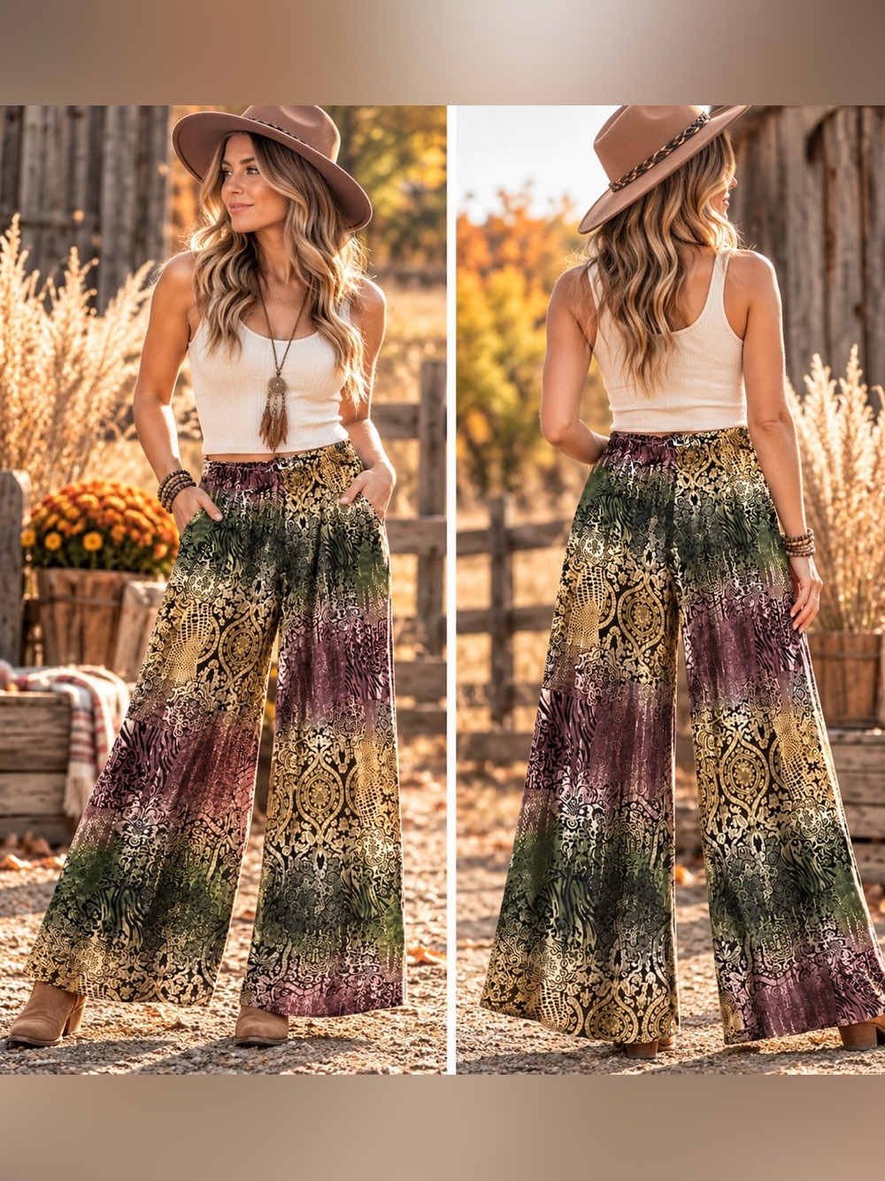 Vintage 55 Wide-Leg Boho Patchwork Pants - Green/Brown/Gold